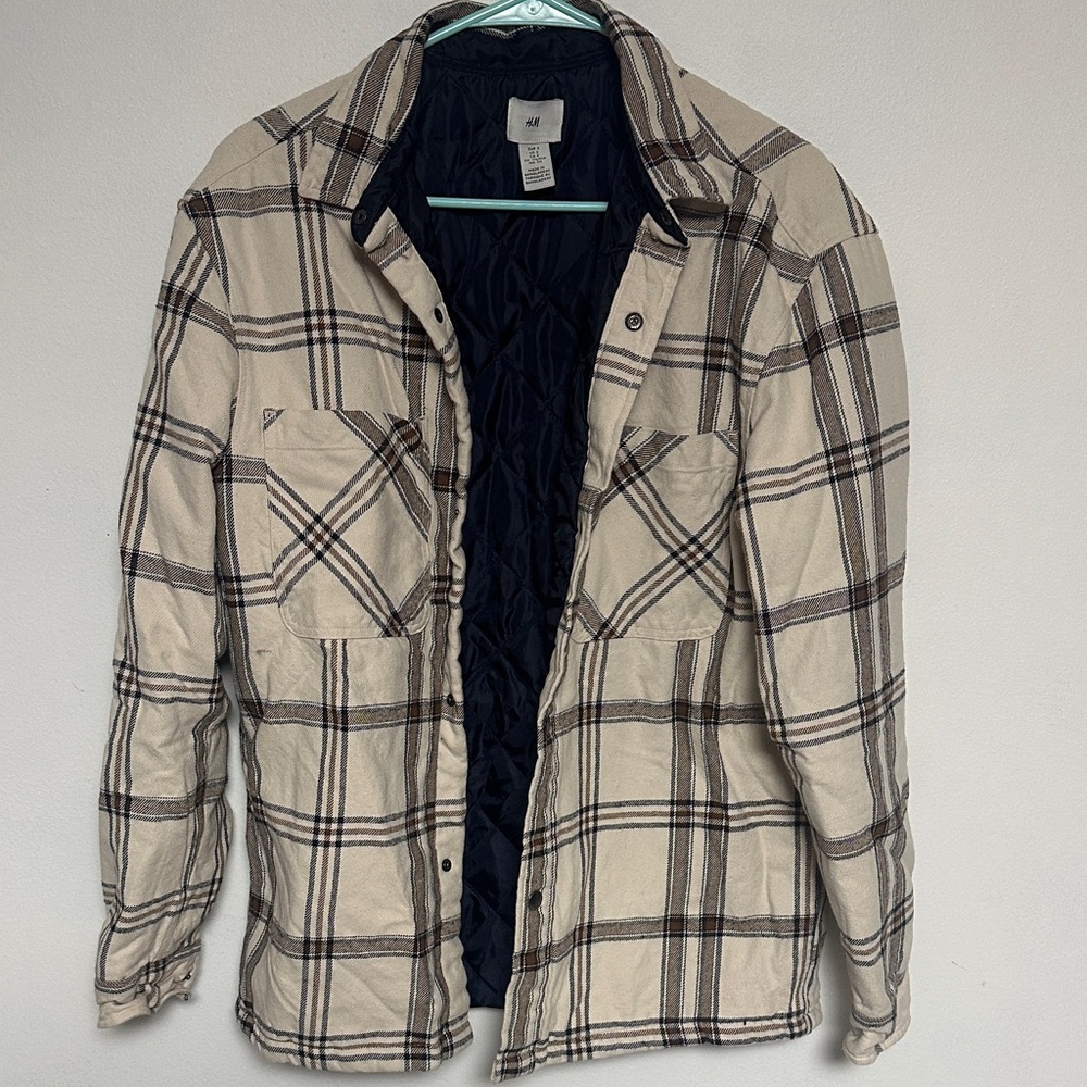 H&M Men's Checkered Shirt Jacket - Cream and Black